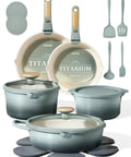Titanium Nonstick 20 Piece Cookware Set with Detachable Handles, includes pots, pans, lids, and utensils, induction safe.