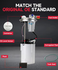 Direct Fit Electric Fuel Pump Module Assembly Replacement Fits Buick Allure LaCrosse 2005 2006, Chevrolet Impala 2006, Monte Carlo 2006, Pontiac Grand Prix 2005 2006, OE Standard Drop In FG0379 with labeled components like fuel outlet and connector displayed.