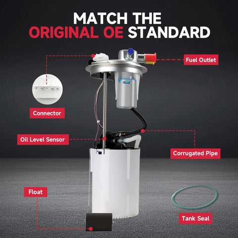 Direct Fit Electric Fuel Pump Module Assembly Replacement Fits Buick Allure LaCrosse 2005 2006, Chevrolet Impala 2006, Monte Carlo 2006, Pontiac Grand Prix 2005 2006, OE Standard Drop In FG0379 with labeled components like fuel outlet and connector displayed.