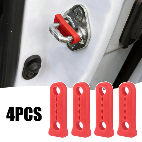4pcs Heavy Duty Car Door Damper Buffer Sound Deadener Seal displayed on a car door striker plate, red premium rubber pads.