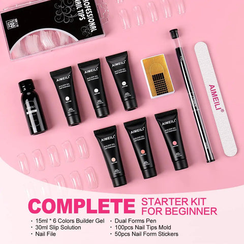 HEMA Free Builder Gel Kit With 6 Colors 15ml Each For Nail Extensions, UV LED Compatible DIY Starter Set on pink background
