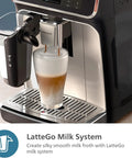 Premium Fully Automatic Espresso Maker With LatteGo Milk Frother and 20 Drink Recipes brewing coffee with silky milk froth.