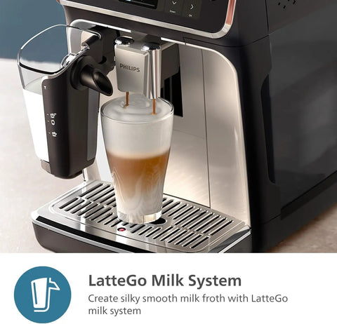 Premium Fully Automatic Espresso Maker With LatteGo Milk Frother and 20 Drink Recipes brewing coffee with silky milk froth.
