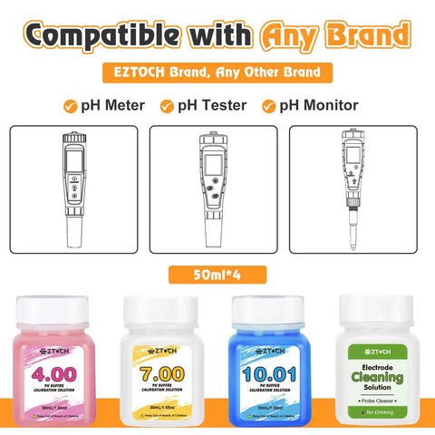 PH Meter Calibration Solution Kit With 4.00, 7.00 And 10.01 Buffers And Electrode Cleaning Solution, 50ml Bottles front view