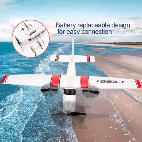 Beginner Friendly RC Plane With 2.4GHz 2 Channel Control, EPP Foam Glider flying over a beach with replaceable battery design.