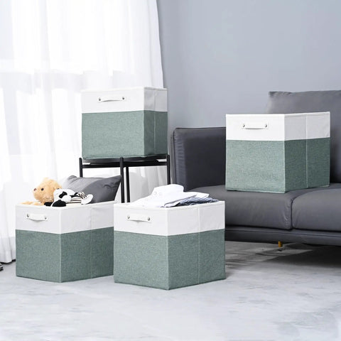 13x13 Fine Linen Storage Bins With Handles, Fabric Cube Boxes For Shelves And Closets, White And Green 4 Pack, shown in living room