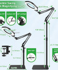 Diagram of Real Glass Magnifying Desk Lamp With 3 In 1 LED Lighting, Clip On Base Clamp, Floor Stand, Adjustable Swing Arm.