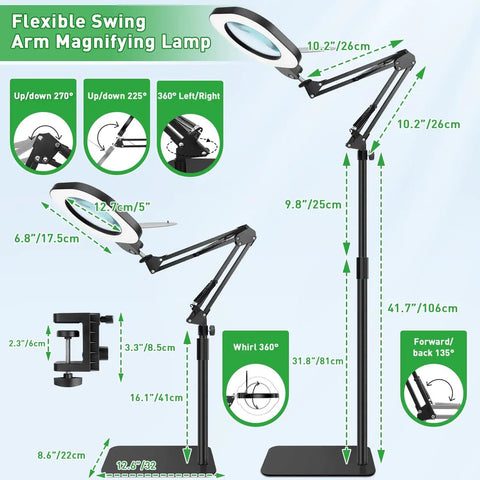 Diagram of Real Glass Magnifying Desk Lamp With 3 In 1 LED Lighting, Clip On Base Clamp, Floor Stand, Adjustable Swing Arm.