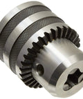 Kickass Heavy Duty Drill Press Chuck 1/32 To 1/2 Inch JT33 Taper Mount With Key showcasing steel construction and key mechanism.