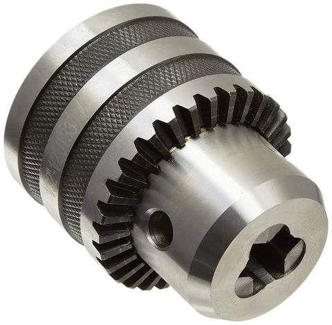Kickass Heavy Duty Drill Press Chuck 1/32 To 1/2 Inch JT33 Taper Mount With Key showcasing steel construction and key mechanism.