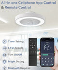 20 Inch Low Profile Bladeless Ceiling Fan With Dimmable LED Light And Adjustable Brightness shown with remote and app control functions.