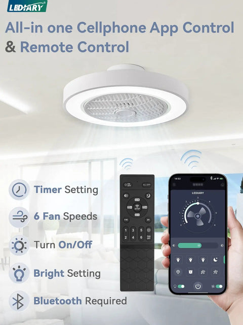20 Inch Low Profile Bladeless Ceiling Fan With Dimmable LED Light And Adjustable Brightness shown with remote and app control functions.