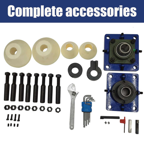 Front view: line boring machine accessories kit with blue mounting bases and assorted bushings, bolts, and wrenches