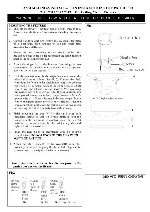 Installation instructions for Astor 2 Light Ceiling Mount In Antique Brass, showing mounting steps and diagrams.