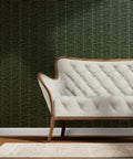 Killer Indigo Geometric Gold Metallic Wallpaper Featuring Slick Fibrous Texture For Top Notch Home Decor And Eco Friendly Vibes That Upgrade Your Space Instantly, showcased behind a tufted white couch.
