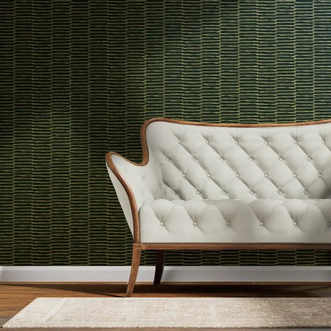 Killer Indigo Geometric Gold Metallic Wallpaper Featuring Slick Fibrous Texture For Top Notch Home Decor And Eco Friendly Vibes That Upgrade Your Space Instantly, showcased behind a tufted white couch.