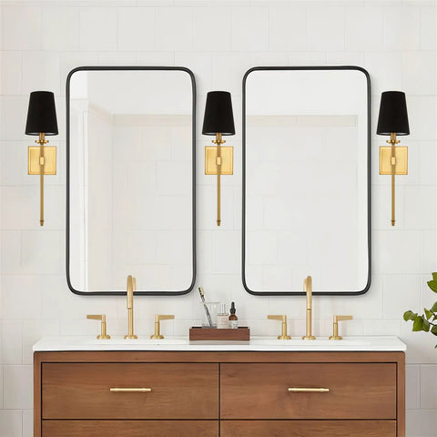 Dope Mid Century Modern Wall Sconce With Black Linen Cone Shade And Warm Brass Finish Slim Candle Wall Light With Elongated Stem