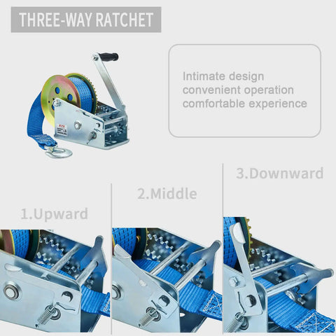 Heavy Duty 3500 Lbs Boat Trailer Winch With 32 Foot Strap showing three-way ratchet positions and details