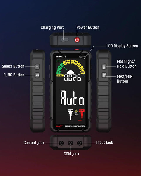 Front view of Rechargeable Digital Multimeter With Auto And Manual Range In Smart Auto Mode showing LCD screen and button labels.
