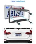 Rad Ride Carbon Fiber License Plate Frames 2 Pack Deep Glossy Black Aluminum car tag holder cover showing installation with bolts.