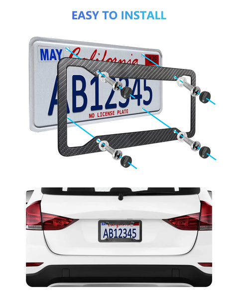 Rad Ride Carbon Fiber License Plate Frames 2 Pack Deep Glossy Black Aluminum car tag holder cover showing installation with bolts.