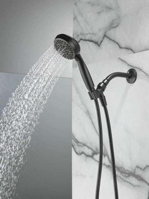 Heavy Duty Five Setting Handheld Shower Head Matte Black Detachable Hand Shower With Slick Hose Hella Strong High Pressure Spray For Instant Bathroom Refresh