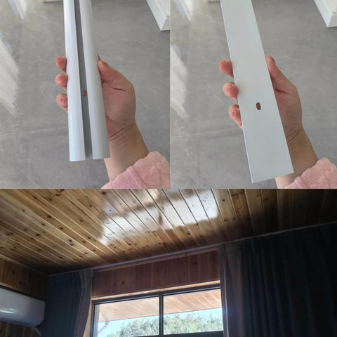 Experience seamless privacy and modern style with an ultra-thin ceiling mount curtain track system, shown handheld and installed on wood ceiling.