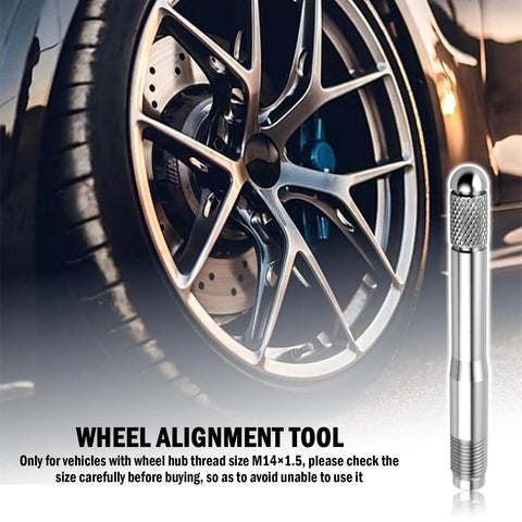 Stainless Steel Wheel Alignment Pin With M14x1.5 Thread beside car wheel, demonstrating bolt hole alignment tool