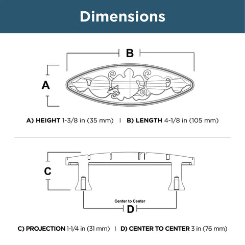 Dimensions diagram of 5 Pack Brushed Pewter Cabinet Handles 3 Inch (76mm) Kitchen Cabinet Hardware and Drawer Pulls for Cupboards and Dressers.
