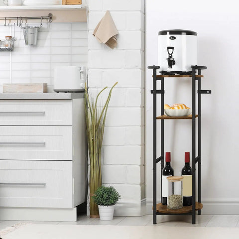 36.5 Inch Tall Freestanding Water Dispenser Stand With Multi Level Shelves For 1 To 5 Gallon Jugs Ceramic Water Bottle Holder Brown in kitchen setting