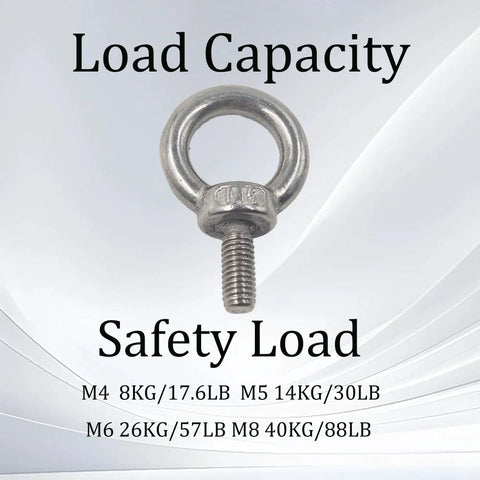 Beefy Five Piece Stainless Steel Eye Bolts Kit With Nuts And Washers For Heavy Duty Lifting And Rigging, Outdoor And Indoor Use, Corrosion Resistant M5 Threads, 1.37 Inch Total Length, 0.9 Inch Ring Outer Diameter, Great For Machinery And Swing, eye bolt load capacity chart