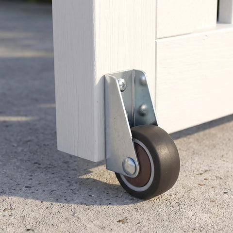 Low Profile Side Mount Caster Wheels Kit, 2 Brown Rolling Casters With 4 Screws attached to white wood for sliding gates