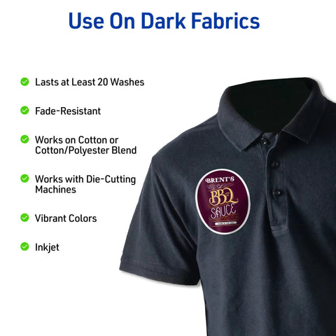 Dark Fabric Printable Iron On Transfer Paper For Inkjet Printers 8.5 By 11 Inches Five Sheets on black polo shirt with BBQ sauce logo.