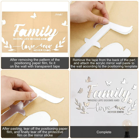 Dope 3D Acrylic Mirror Family Wall Decals Silver Finish With Motivational Quote Family Where Life Begins And Love Never Ends Plus Butterfly And Leaf Stickers DIY Removable Wall Art For Home Decor installation guide