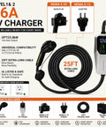 Road Ready Portable EV Charger Providing Zero Hassle Level One And Two Charging At 16 Amps Features J1772 Connector, 25FT cord.