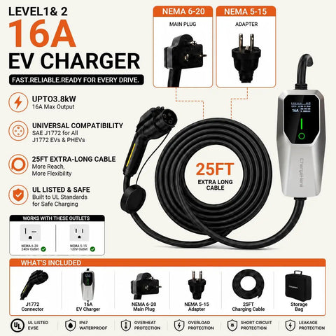 Road Ready Portable EV Charger Providing Zero Hassle Level One And Two Charging At 16 Amps Features J1772 Connector, 25FT cord.