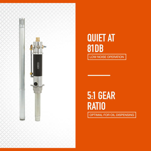 Shop Rat Approved Air Operated Oil Transfer Pump Packs A Rocksolid Five To One Ratio That Moves Up To 4.76 Gallons Per Minute, featuring quiet operation at 81DB.