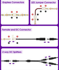 No-Solder No-Fuss Gapless LED Connector Kit for 8mm 2835 and 3528 LED Strips showing connectors and 2-pin DC jumpers.