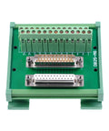 Front view of DB25 D Sub Male And Female Header Breakout Board With Screw Terminal Block For DIN Rail Mount PLC Interface Module Connector Green Carrier.