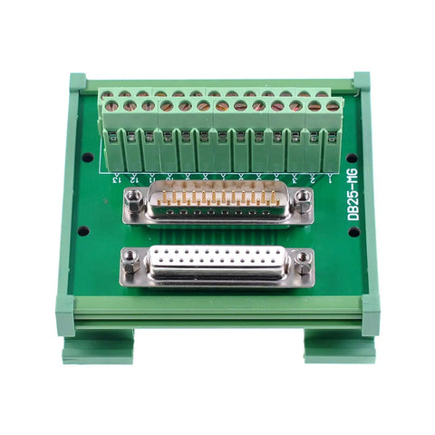 Front view of DB25 D Sub Male And Female Header Breakout Board With Screw Terminal Block For DIN Rail Mount PLC Interface Module Connector Green Carrier.