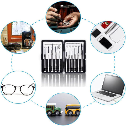 11-Piece Mini Precision Screwdriver Set With Magnetic Tips for jewelry, watches, eyeglasses, iPhone, electronics shown with uses