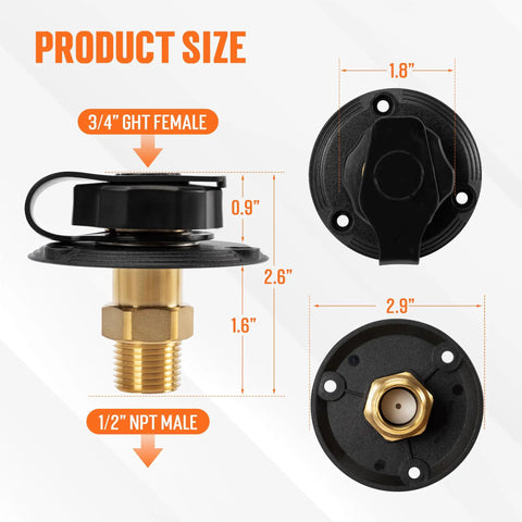 RV City Water Inlet With Check Valve Replacement Lead Free Brass Threads Three Quarter GHT Female And One Half NPT Male Pipe Fittings Water Hose Connector For Campers Trailers And Motorhomes, 2.9 in
