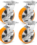 Beefy 6 Inch Industrial Grade Heavy Duty Caster Set Of Four With Brakes, 1250 Lbs Per Caster, 5000 Lbs Total Capacity, Polyurethane Wheels