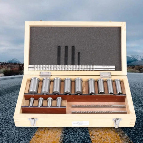 Open wooden box displaying Keyway Broach Kit 22 Pc Set with 4 broaches, 5 shims, and 13 bushings, high-speed steel tools for metalworking.