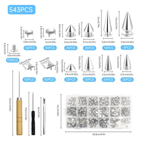 Badass 543 Piece Punk Studs And Spikes Kit With Eight Cone Sizes, Square Pyramid Nails, Rounded Leather Rivets, Heavy Duty Punch Tools And Case for DIY.