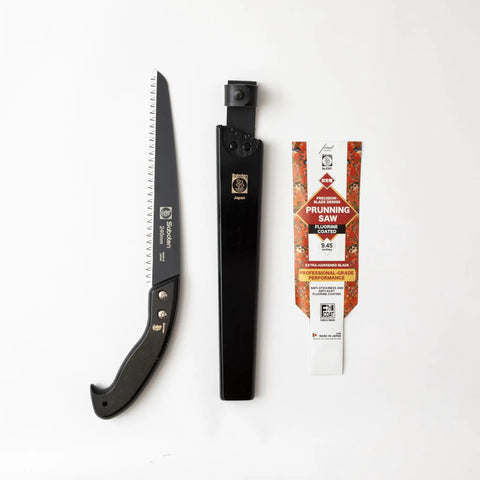 Japanese Pruning Saw With Fluorine Coated High Carbon Steel Blade 9.4 Inch Tooth Pitch 7.5 Millimeter with black handle and sheath