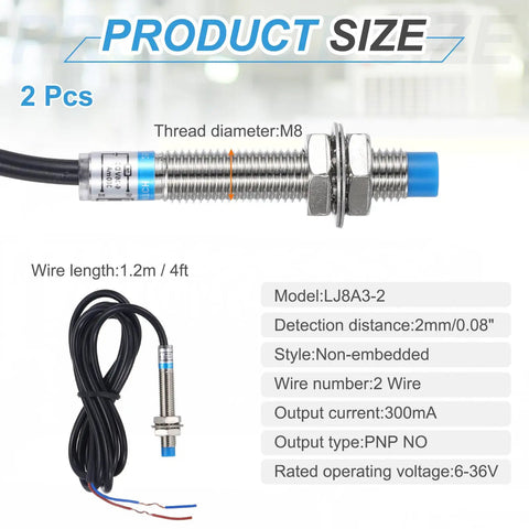 Inductive Proximity Sensor 2 Pack Workhorse Pro Grade PNP No M8 DC 6 to 36V 300mA 2mm Sensing Distance 2 Wire specs