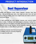 Product introduction of 1000W Car Dent Repair Machine with induction heating shown with device image and features listed.
