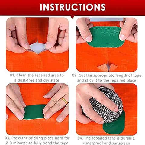 Instructions for applying Tent Repair Tape Waterproof Nylon Adhesive Patch; showing adhesive steps on orange fabric.