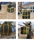 Rock Solid Heavy Duty Crane Lifting Bag Anti Tear Reusable Cargo Net used for hauling materials, thick nylon, yellow straps, robust design.